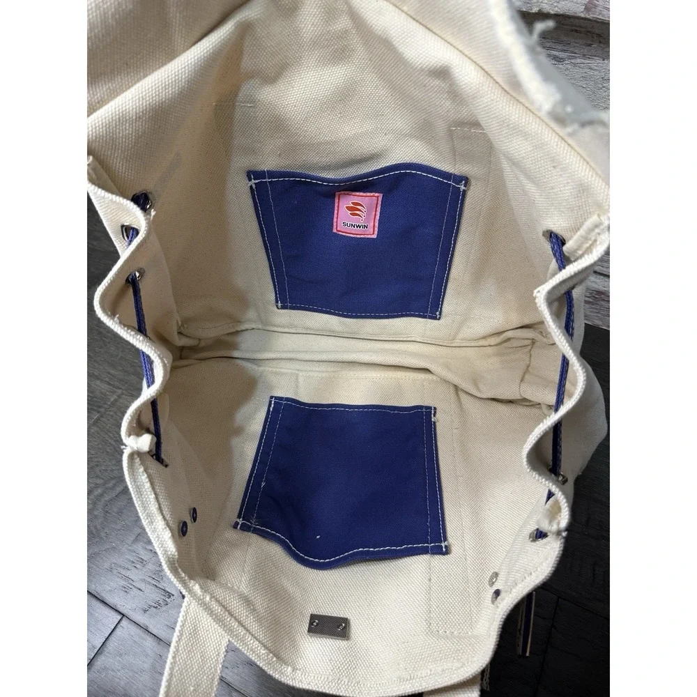 Sunwin Madaket Classic Large Tote Bag Canvas Natural with Blue Trim Silver
